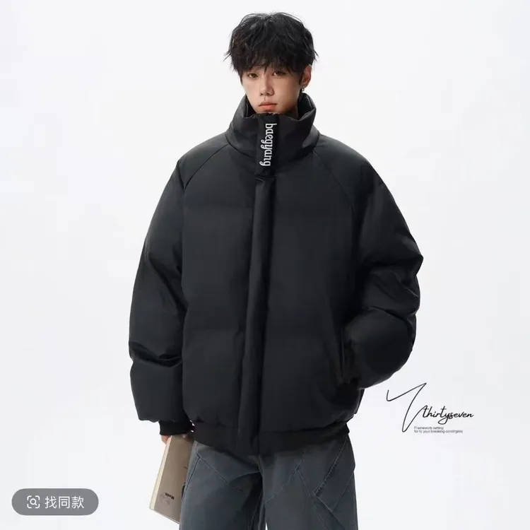 美式复古连帽毛领PU皮棉服男女同款保暖加厚棉衣面包服