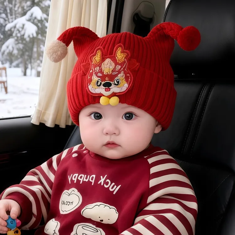 婴儿红色喜庆新年帽男女宝宝加厚保暖毛线帽套头针织帽防风护耳帽