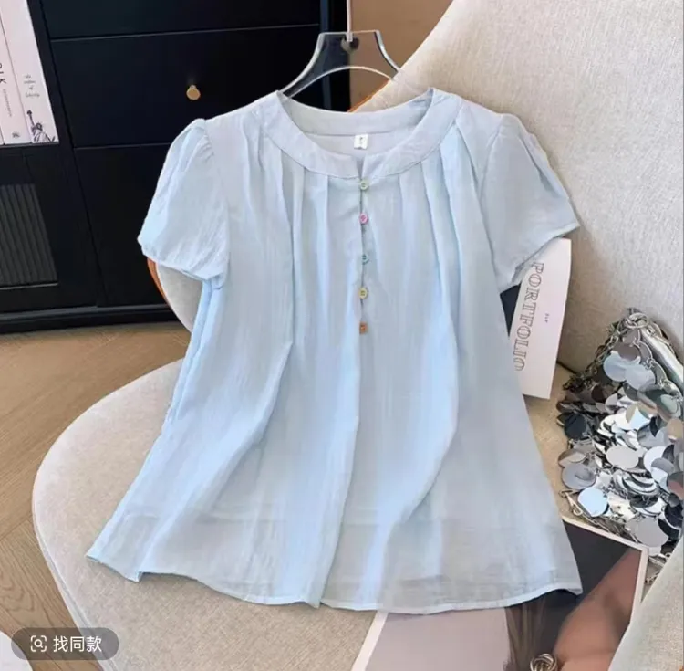 法式夏季新款甜美小清新圆领上衣娃娃衫宽松显瘦气质纯色短袖衬衫