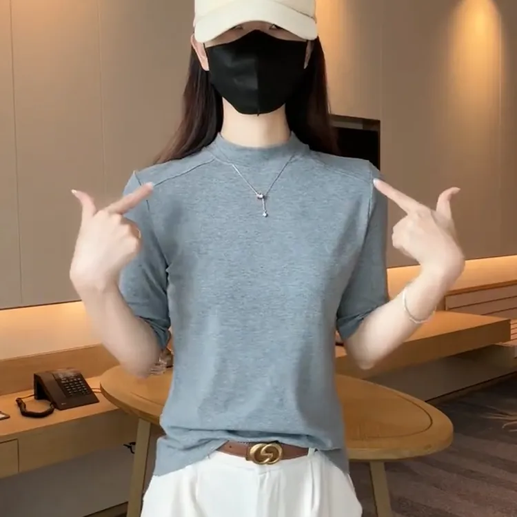 VOCKOO灰色半高领鱼骨中袖t恤女2025春秋修身五分袖打底衫内搭显