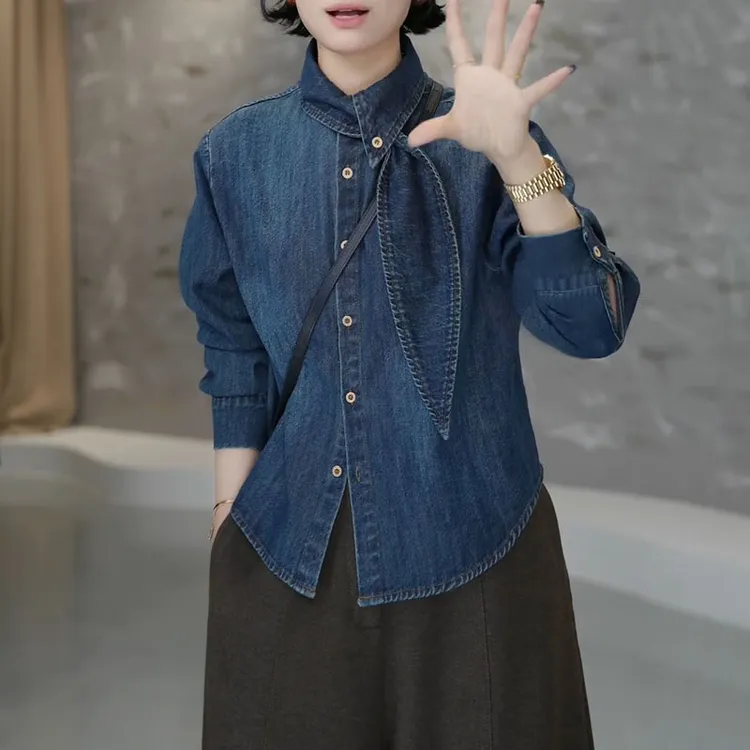 冬季保暖加厚磨毛牛仔衬衣女长袖翻领宽松复古港风时尚打底衬衫