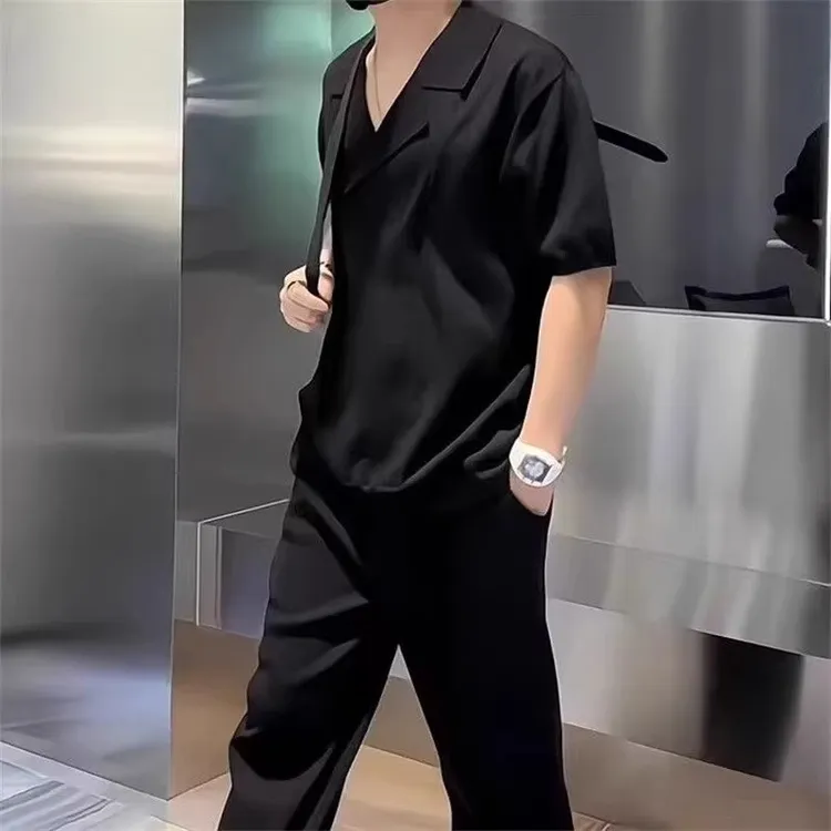 仓石一树休闲套装男士夏季设计感西装领短袖轻熟风高弹宽松两件套