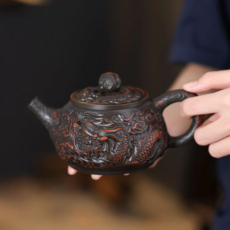 紫陶茶壶纯手工浮雕龙戏珠高端功夫茶具泡茶壶茶杯中式家用送礼品