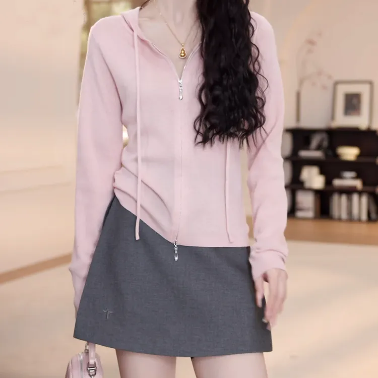 2025春季新款百搭纯色拉链连帽开衫女简约温柔粉防晒外套长袖上衣