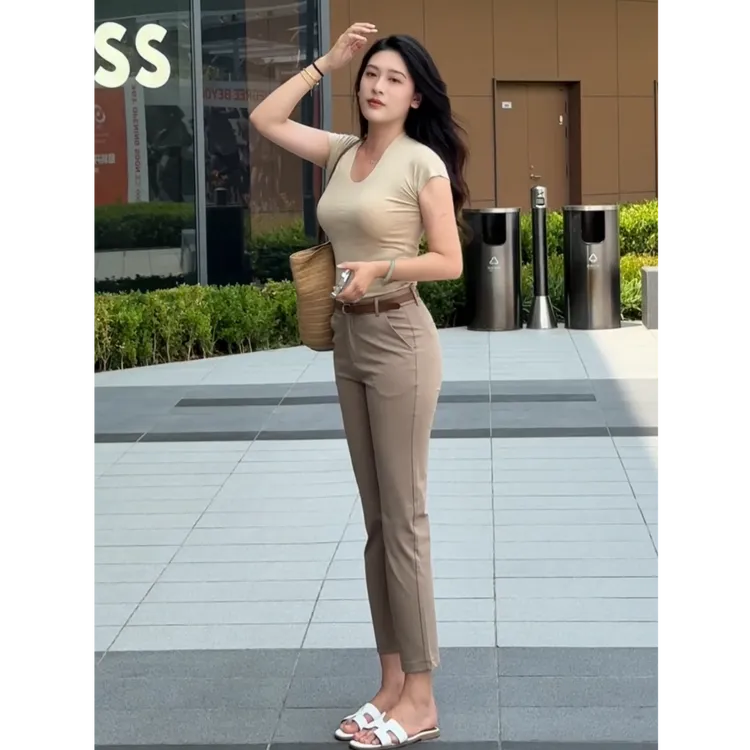 【新款】JIN新款百搭法棍烟管裤高弹免烫抗皱通勤高腰显瘦职业西裤