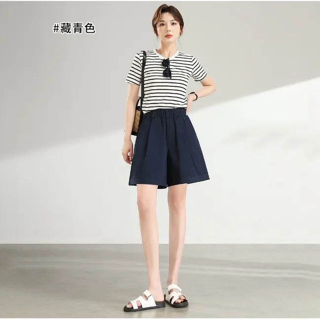 夏季百搭松紧腰简约纯色水洗棉牛仔短裤D2531