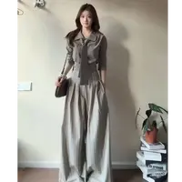 韩系通勤一整套2025新款慵懒感长袖衬衫条纹阔腿裤两件套装女6848