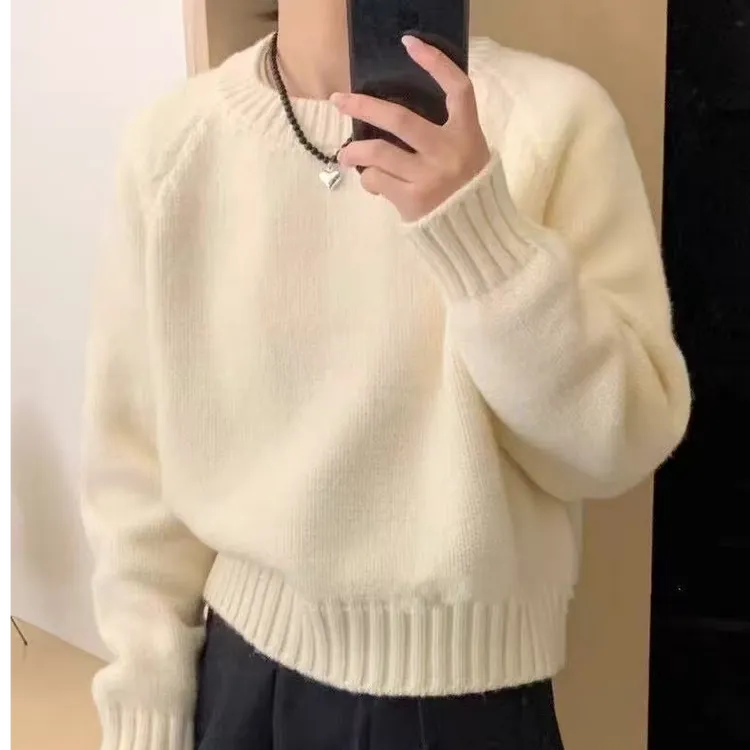 慵懒风圆领简约纯色毛衣女宽松2025秋冬韩版休闲百搭套头针织长袖
