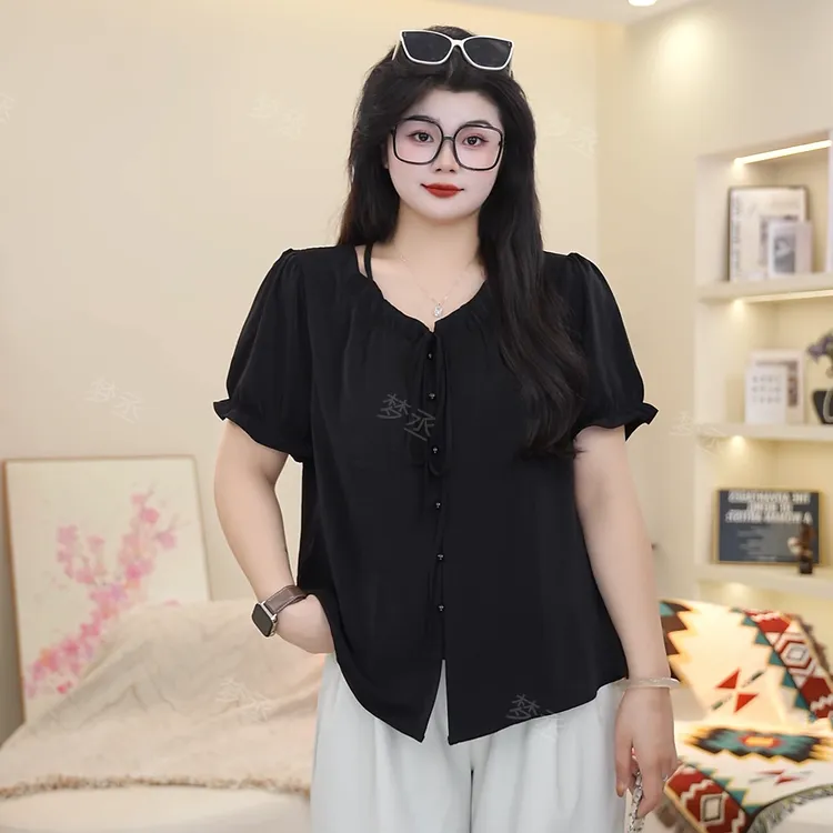 梦丞-胖mm大码女装法式V领镂空小衫短袖女款爆款2025新款上衣