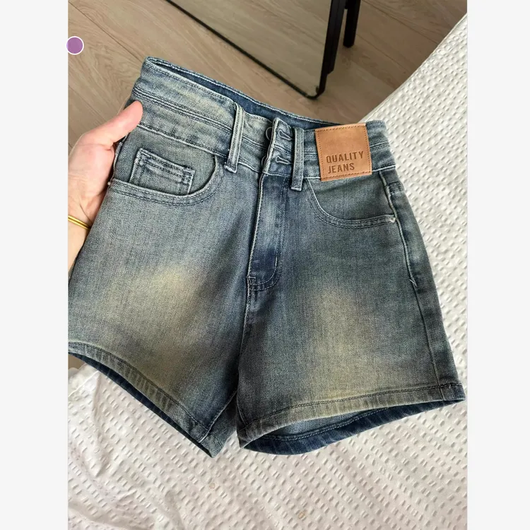 雪千羽美式复古高腰双扣牛仔短裤女夏季弹力显瘦小个子a字热裤薄