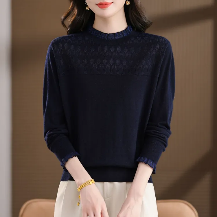 品牌女装高档羊毛衫女薄款秋季2025长袖针织钩花镂空大码宽松上衣