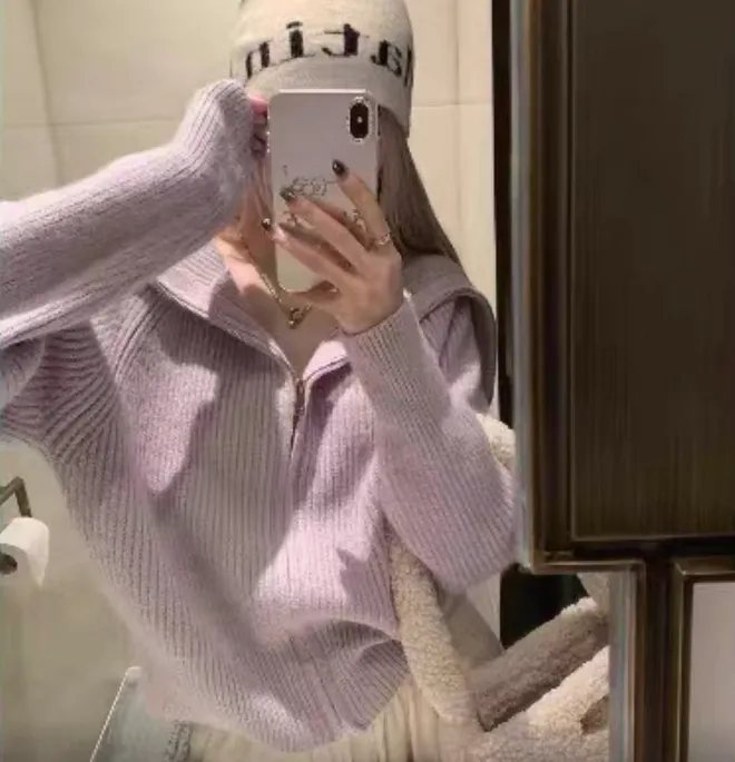 【790】大码女装2025秋冬新款韩系翻领慵懒风宽松拉链针织开衫外套