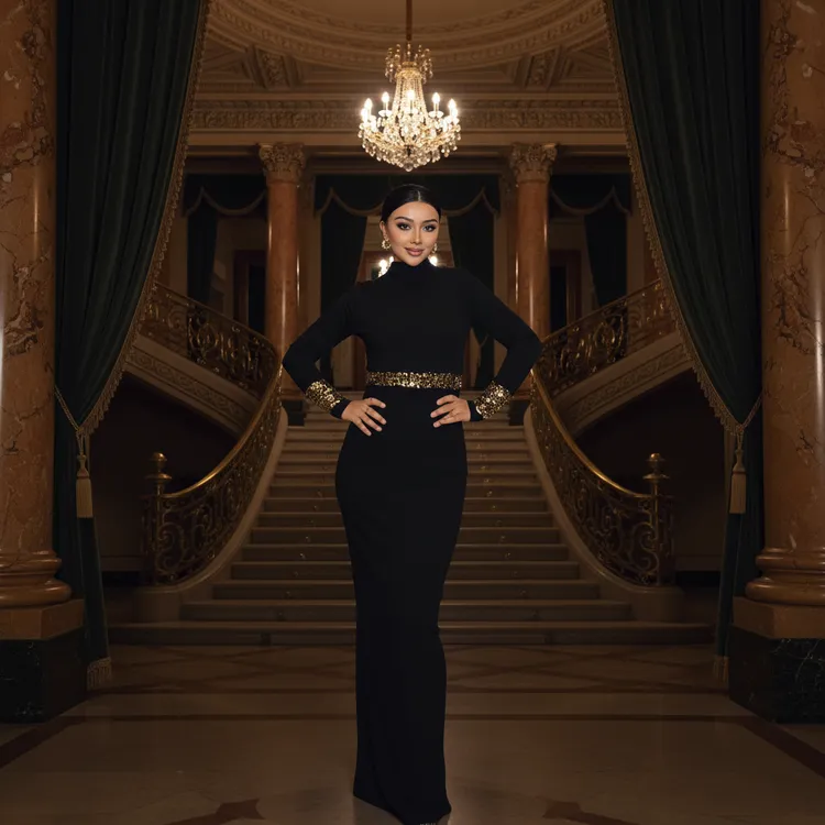 黑色弹力高腰显瘦长袖修身长款气质秋冬国风连衣裙