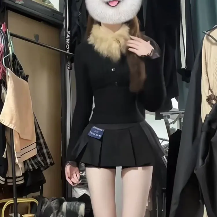 【薄荷雪糕】2025新款韩版性感辣妹毛绒拼接修身上衣高腰裙裤两件套