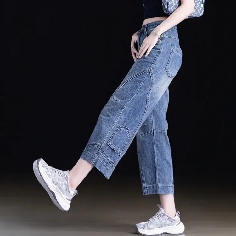 女士复古镰刀哈伦裤九分裤牛仔裤女2026新款小个子春秋美式弯刀裤