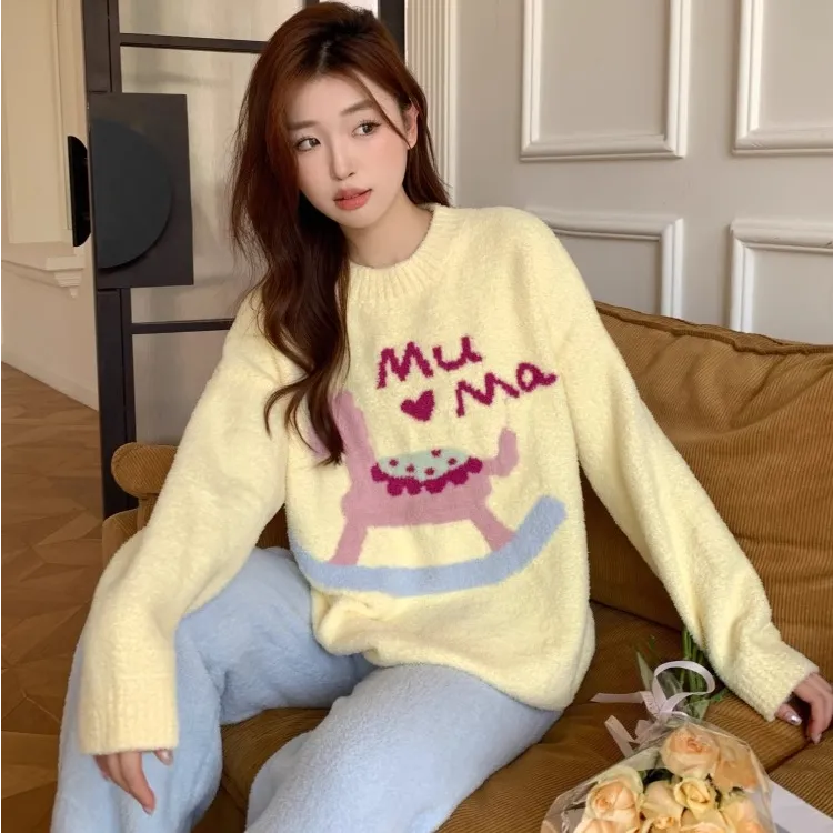 韩版可爱木马半边绒睡衣女秋冬季新款卡通撞色加厚保暖家居服套装