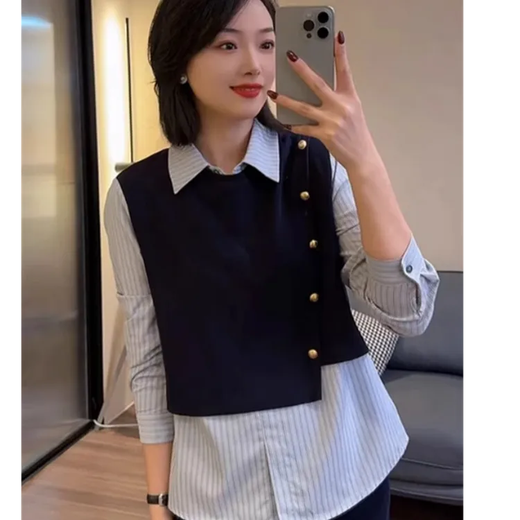 时尚拼接假两件条纹衬衫外套女装2025春装新款宽松休闲衬衣上衣
