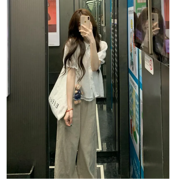 韩系chic白色双层假两件短袖衬衫女韩版宽松设计感娃娃领夏季套装