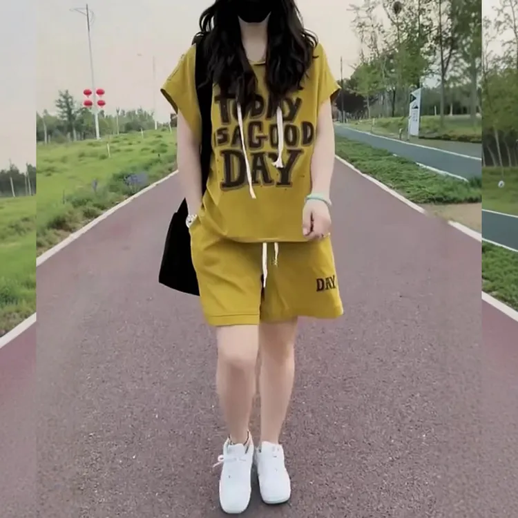 两件套装女2025年夏季新款字母休闲时尚印花短袖T恤+五分裤短裤潮