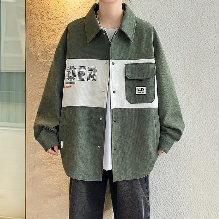 2025秋季翻领工装夹克拼接字母印花宽松简约帅气百搭潮流外套男