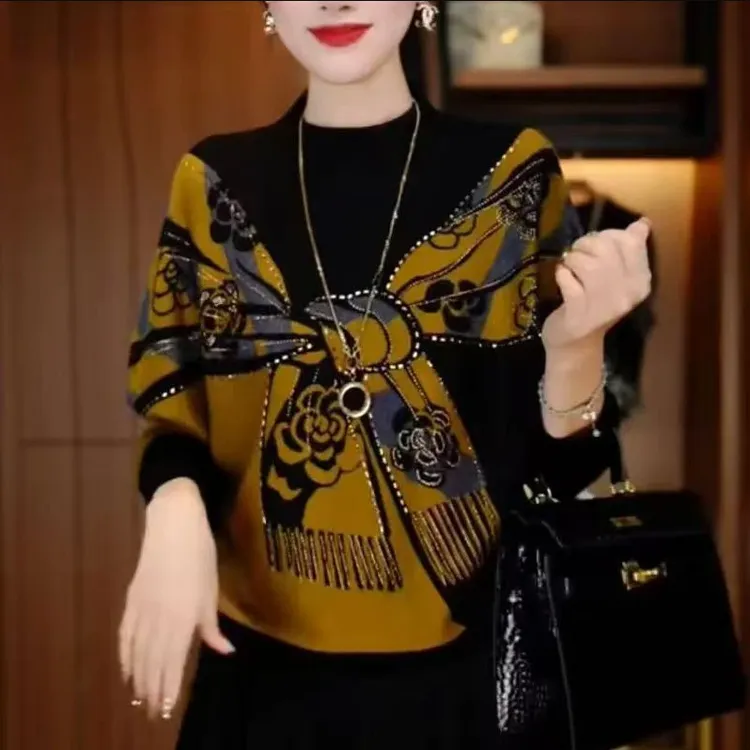 【烫钻工艺】时尚百搭打底衫气质宽松减龄长袖女士休闲小衫Z910