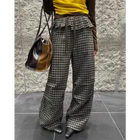 【YIBUDAOWEI】复古格子撞色抽绳加绒花边褶皱直筒休闲裤 78623