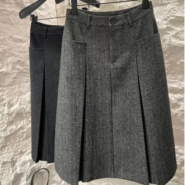 极简风百褶裙韩系短裙半身裙秋冬高腰时尚毛呢遮胯A字裙显瘦中裙