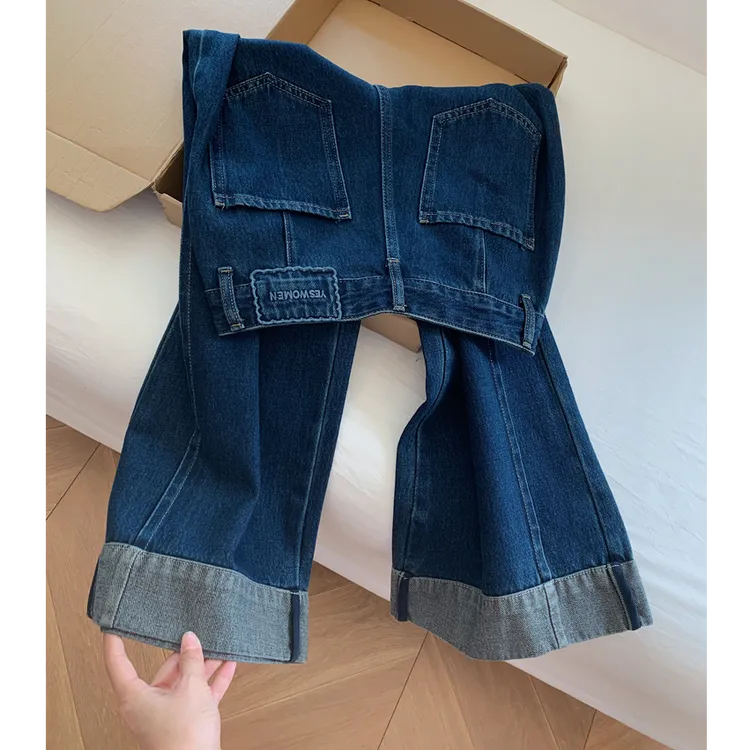 丹宁蓝撞色拼接阔腿牛仔裤女秋季新款梨形身材高腰九分直筒奶奶裤