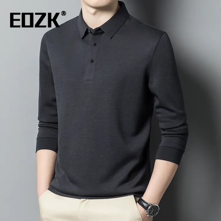 Eozk时尚简约Polo领长袖t恤男2025秋季新款宽松百搭商务休闲上衣