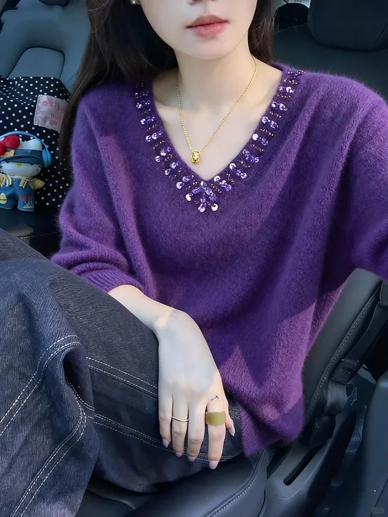 独特漂亮厚款针织衫上衣女冬季超好看厚内搭宽松加厚紫色亮片毛衣