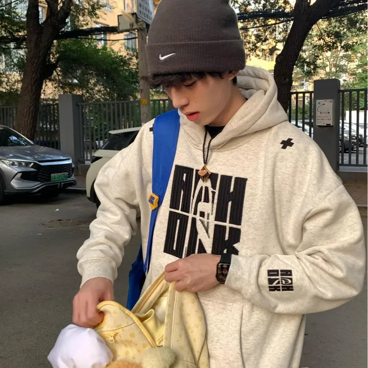 连帽卫衣男美式复古重工潮牌刺绣情侣加绒慵懒风外套上衣服 