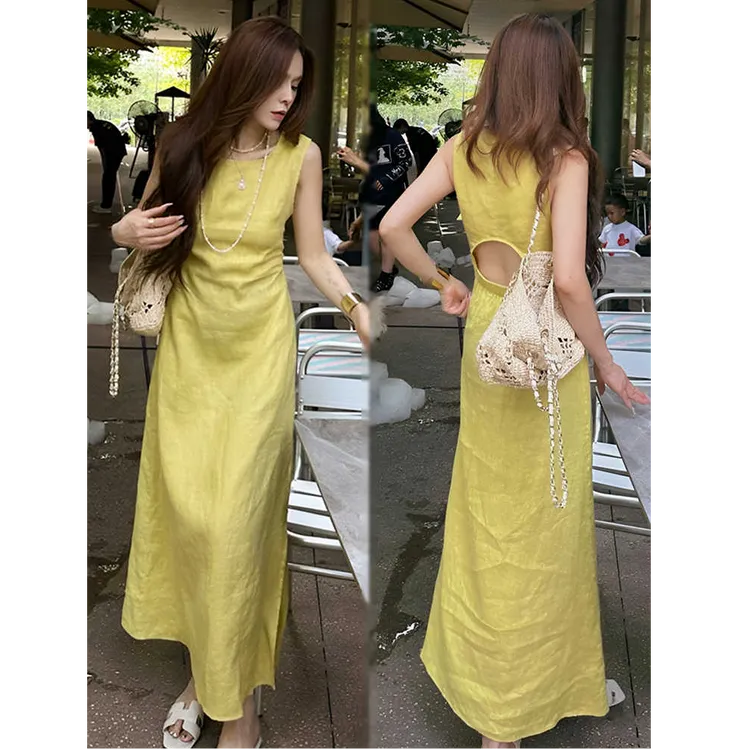 法式轻奢复古圆领无袖背心连衣裙女2025新款夏季宽松显瘦气质长裙