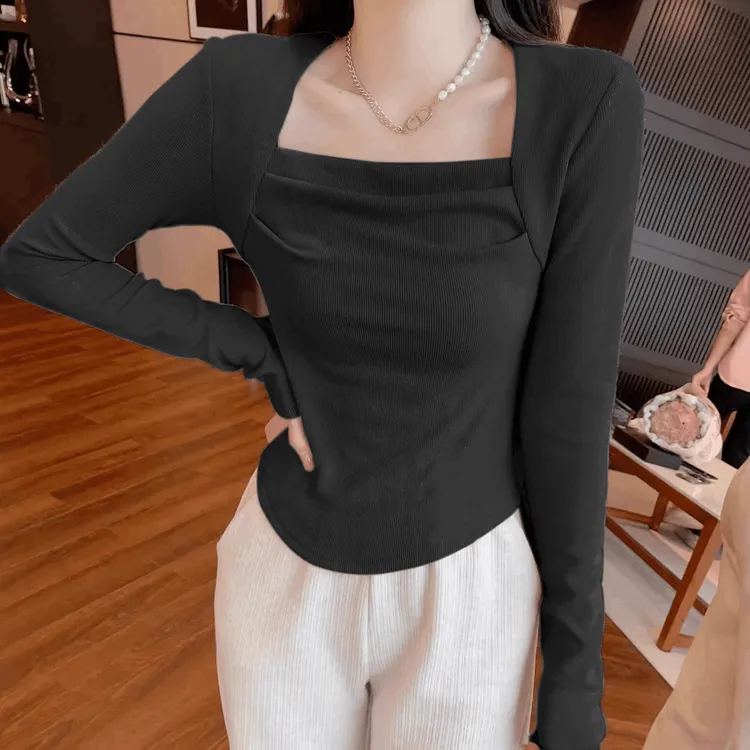 方领显瘦纯欲风锁骨修身打底衫上衣女春秋小众设计感内搭长袖T恤