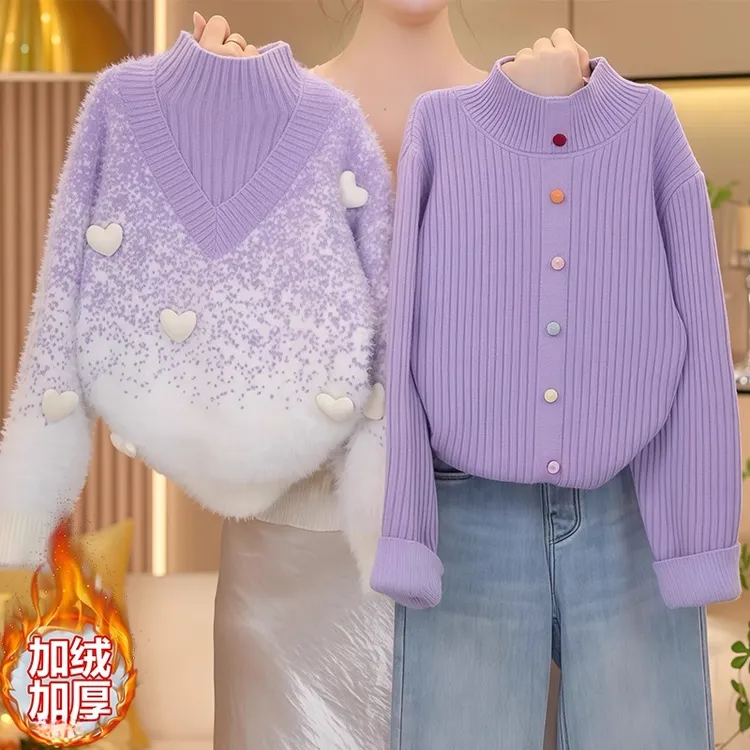 女童假两件加绒毛衣2025新款秋冬渐变爱心加厚半高领针织衫打底衫