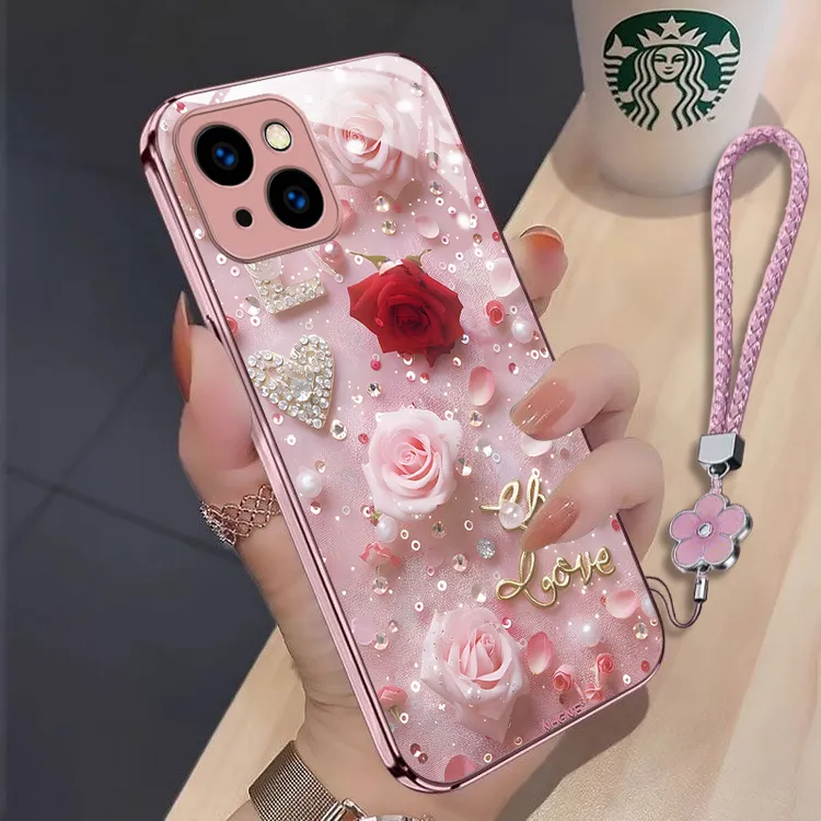 星钻玫瑰苹果13手机壳高级感全包防摔散热新款轻奢耐脏玻璃壳