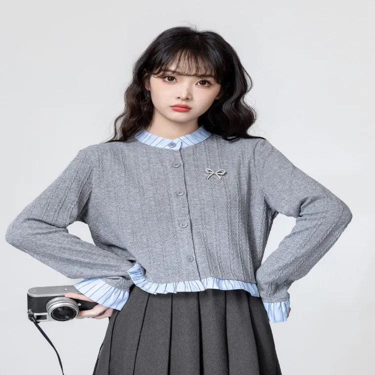 2025早秋新款学院风拼色拼接荷叶边短款上衣灰色假两件针织开衫女