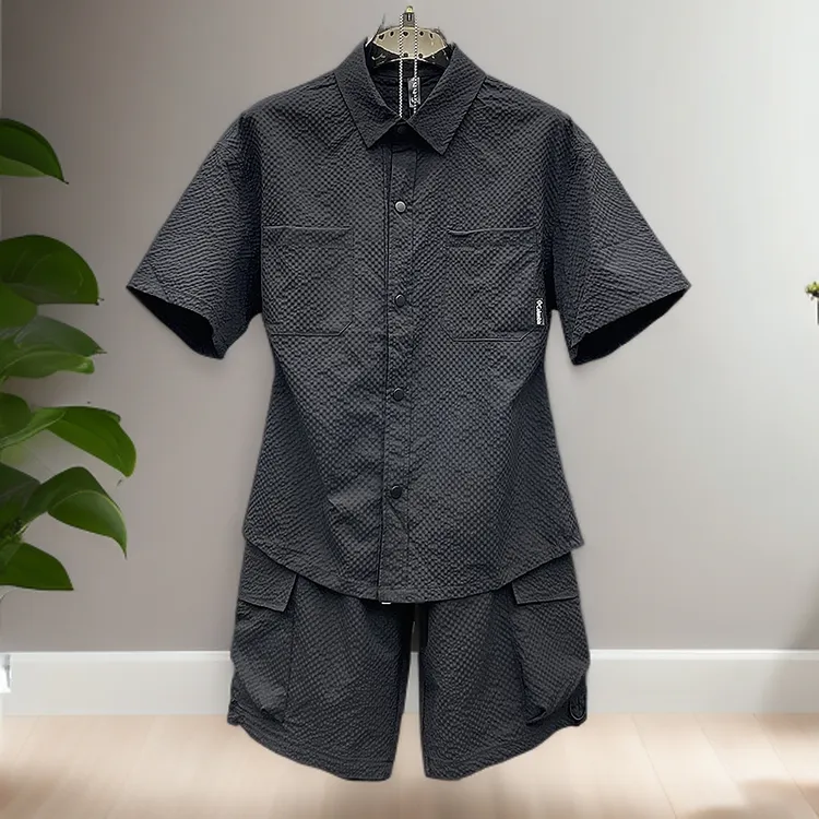 路约威格夏季翻领纯色短袖短裤套装百搭宽松两件套青年时尚休闲