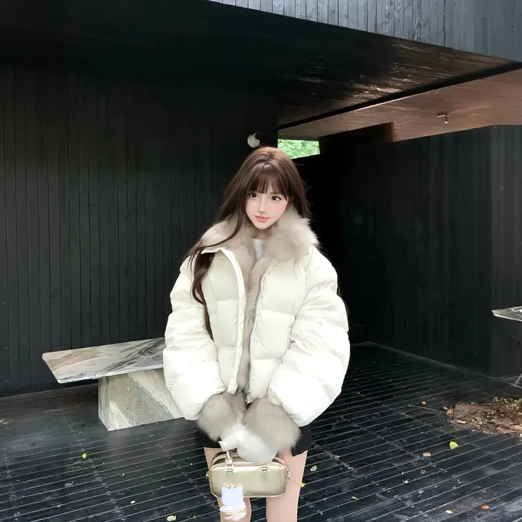 轻绒欧包冬季短款棉服女大毛领宽松加厚小个子韩系皮草面包服外套