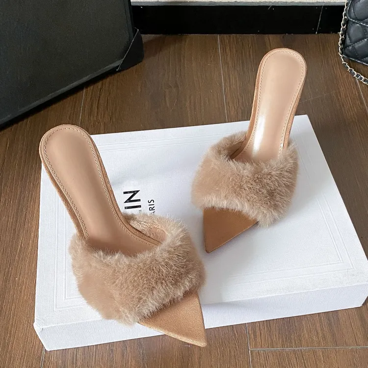 2025秋冬细跟毛毛高跟鞋女外穿豹纹一字拖毛毛拖鞋尖头绝美高跟拖