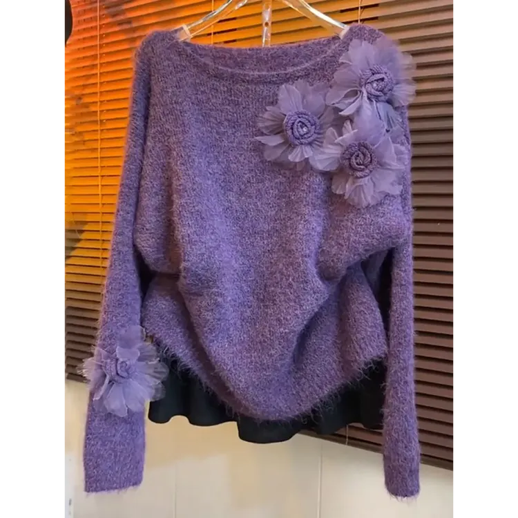 韩系立体花朵紫色毛衣女冬2025新款慵懒风小众显瘦长袖圆领针织衫