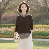 翻领假两件中长款针织衫上衣新款设计感小众休闲外穿