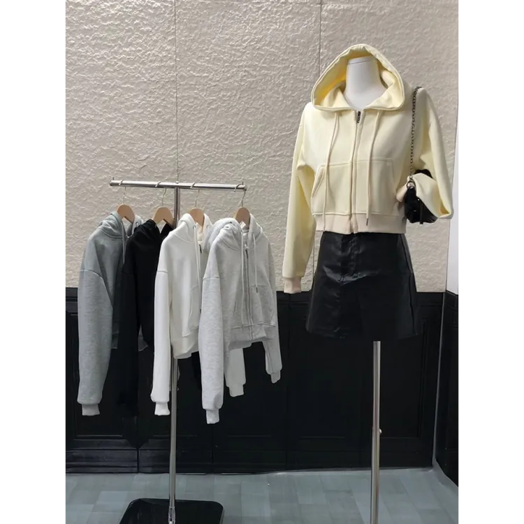 美式舒适亲肤春秋季拉链外套连帽开衫女休闲慵懒风复古短外套简约