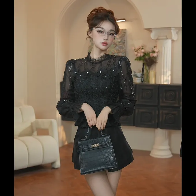 【岑姐专属】长袖小众荷叶领蕾丝上衣少女风蕾丝衫48001