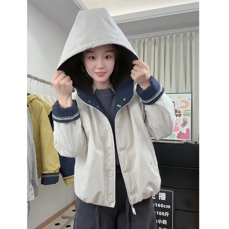 2025秋冬新款韩版撞色连帽加绒棉服外套女短款宽松时尚休闲百搭潮