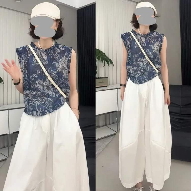 2025夏季新款圆领木耳边无袖背心衬衫T套装百搭显瘦空气感气球裤