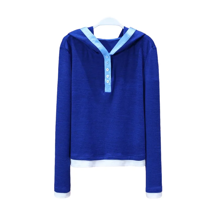 【程二定制】设计师款宽松型海涛蓝假两件连帽上衣6059A