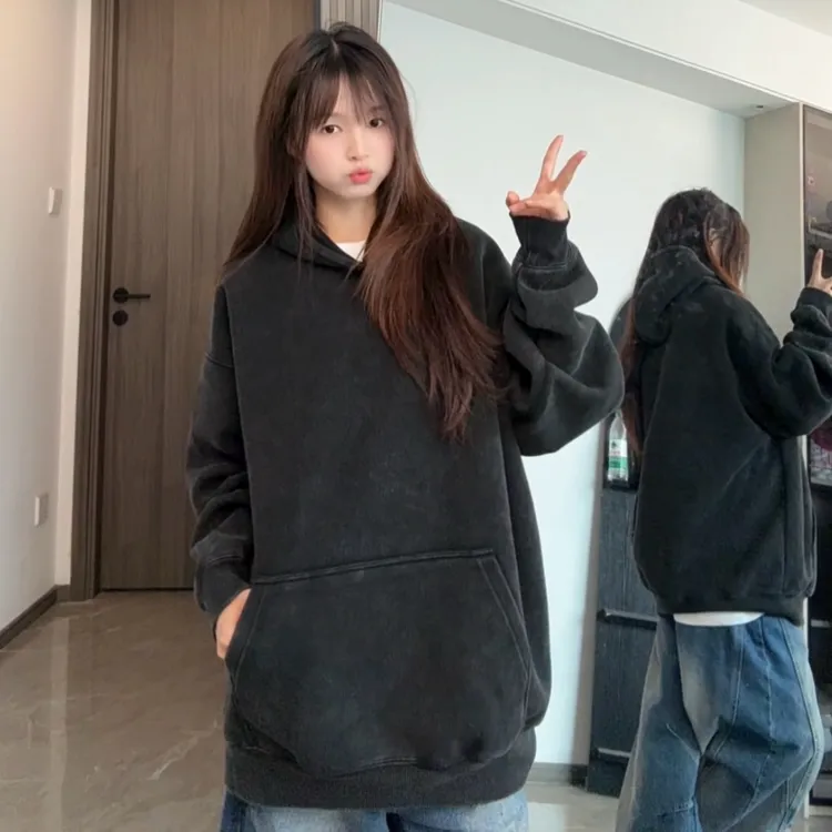 潮牌420g重磅水洗连帽宽松卫衣男女秋冬季情侣纯色上衣2025新款