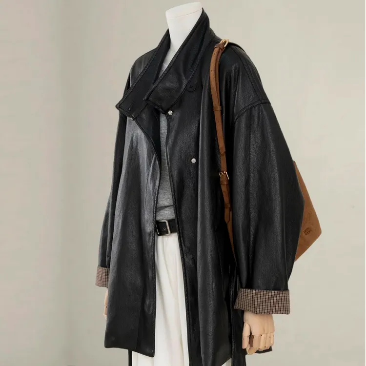 复古黑色立领蛋白PU皮衣夹克2025秋季高级感收腰气质宽松风衣外套