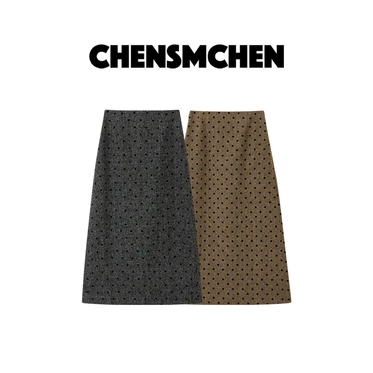 CHENSMCHEN 波点植绒半身裙女时尚休闲百搭显瘦裙子CSQ11601YW