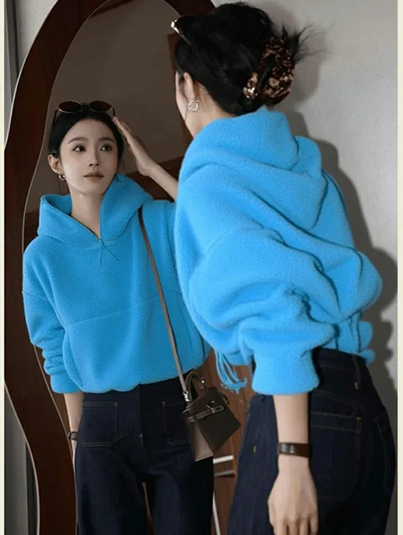 2025秋多巴胺松弛感百搭小众不撞款独特别致蓝色摇粒绒连帽卫衣女